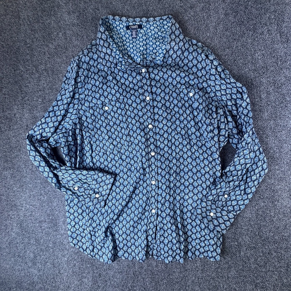 Chaps Shirt Women 3X Navy Blue Geometric Cotton Casual Long Sleeve Button Up